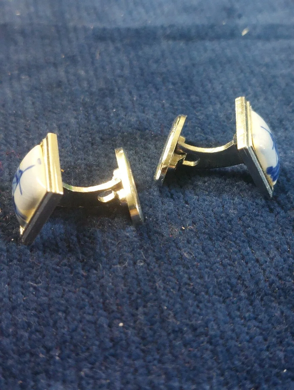 Mid-Century Delft Blue Hand-Painted Silvertone Cufflinks, Estate Jewelry